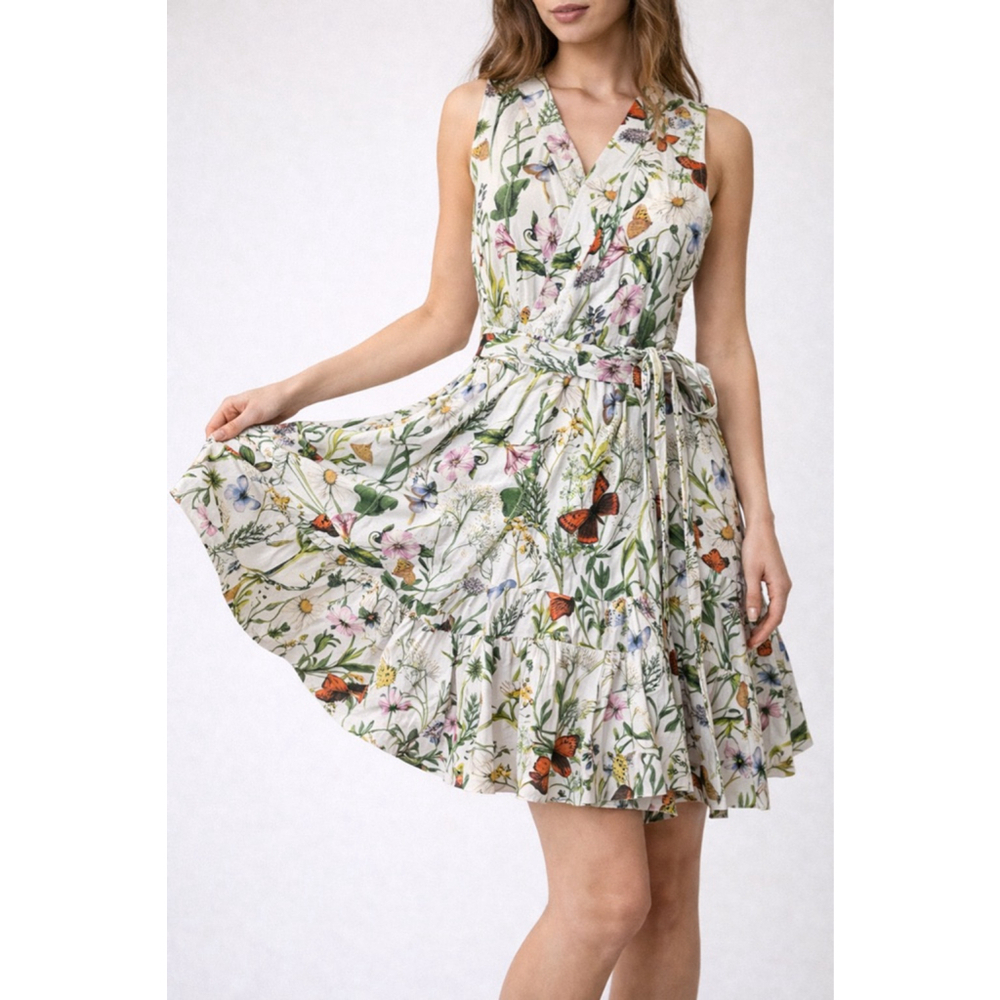 Floral Wrap Mini Dress - White with Multicolor Botanical Print